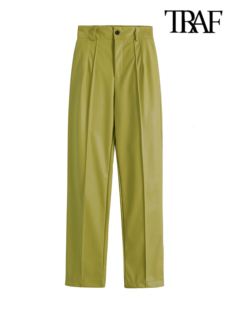 Women's Pants Capris TRAF Women Fashion Faux Leather Straight Pants Vintage High Waist Zipper Fly Female Trousers Mujer 230425