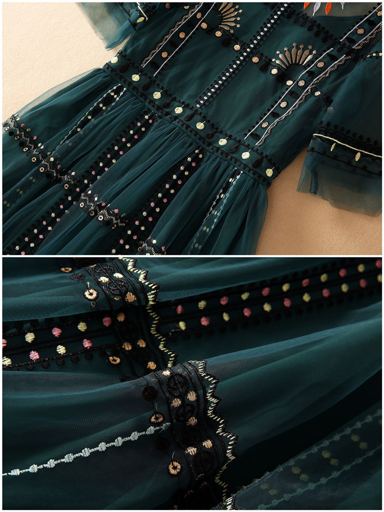 Casual Dresses Summer Runway Green Mesh Embroidery Dress Women's Short Sleeve Vintage Dot Embroidered Tulles Elegant Evening Party Long Vestido 2