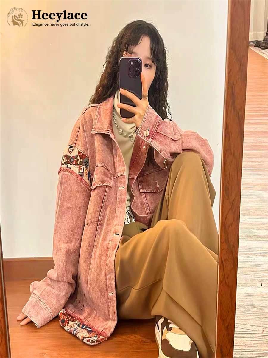 Women's Jackets Spring Women's Jacket Korea Style Vintage Loose Sweet Cool Pink Patchwork Tooling Vestidos Denim Jeans Coat for Women 230426
