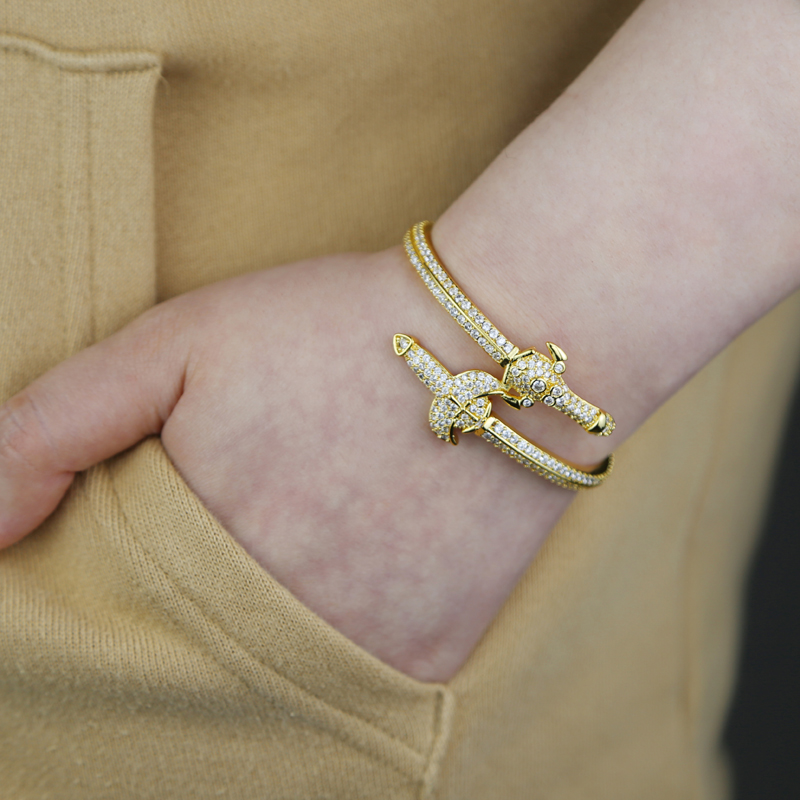 Iced Out Sword Cuff Bangle Micro Paved Bling Cubic Zirconia Bracelet Vintage Gift for Women Men Hip Hop Cool Jewelry