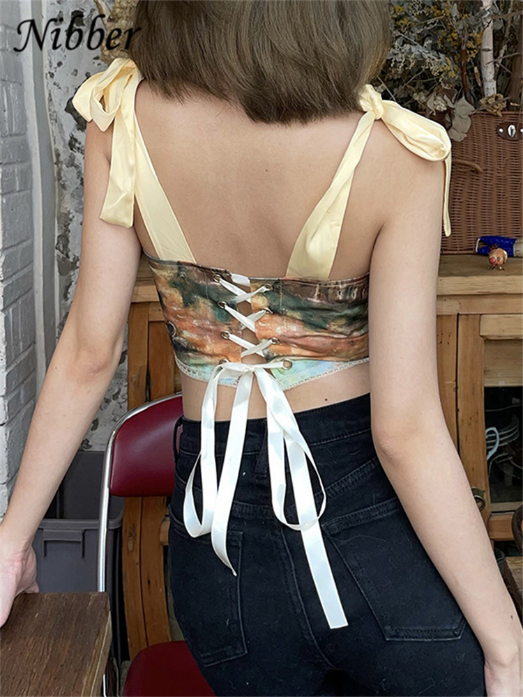 Camisoles Tanks Nibber Fairy Top Y2K Retro Aesthetic Printed Crop Top Women Elegant Bandage Tank Top Skinny Clubwear Camisole Summer Deals 230426