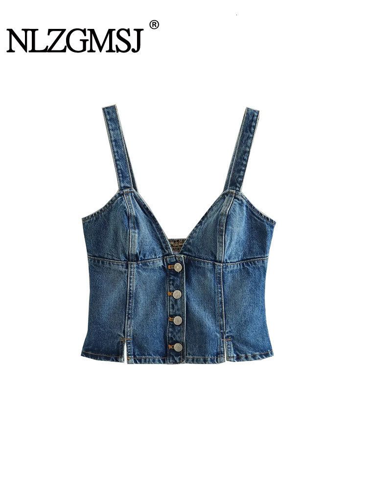 Camisoles Tanks Nlzgmsj TRAF Sexy Women Denim Corset Camisole Tops Casual Backless Sleeveless Elastic Back Summer Single Breasted Sling Top 230426