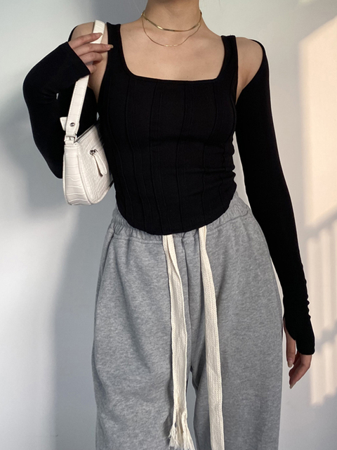 Women's T-Shirt Tossy Women Striped Stitching Slim T-shirt Female 2 In 1 Shrug Set Co-ord Crop Shrug And Corset Tank Tops Set Y2k Streetwear 2304