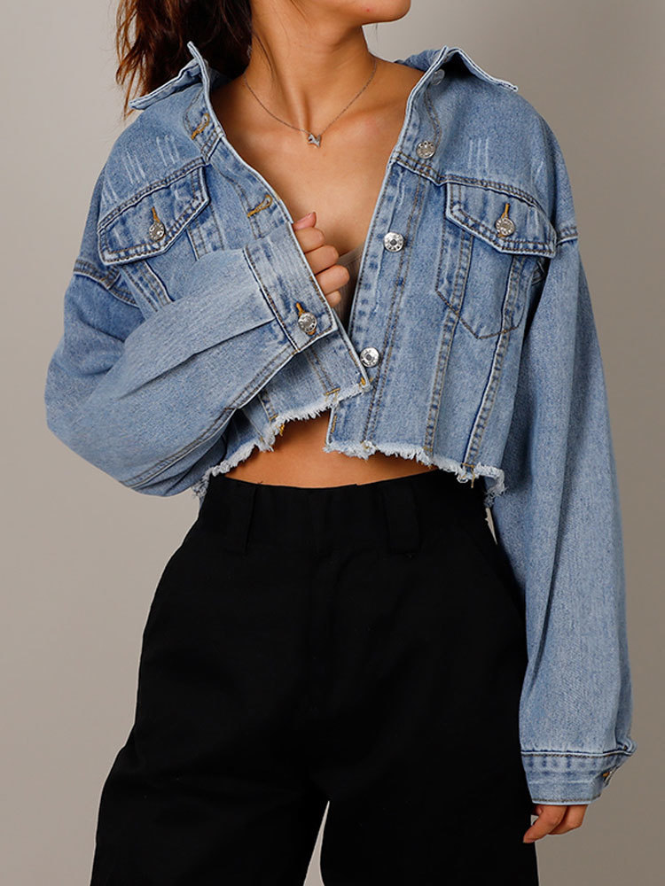 Women's Jackets Autumn Women's Denim Cropped Jacket Female Pockets Hole Short Jean Jackets Ladies Fashion Button Casual Solid Coats 230426