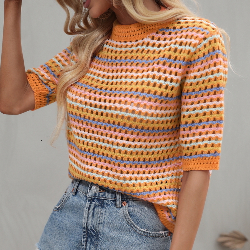 Women's T-Shirt Doury 90s Rainbow Hollow Out Knitwear Women See-through Striped T-Shirts Summer Boho Beach Style Cover-ups Crop Tops y2k 230426