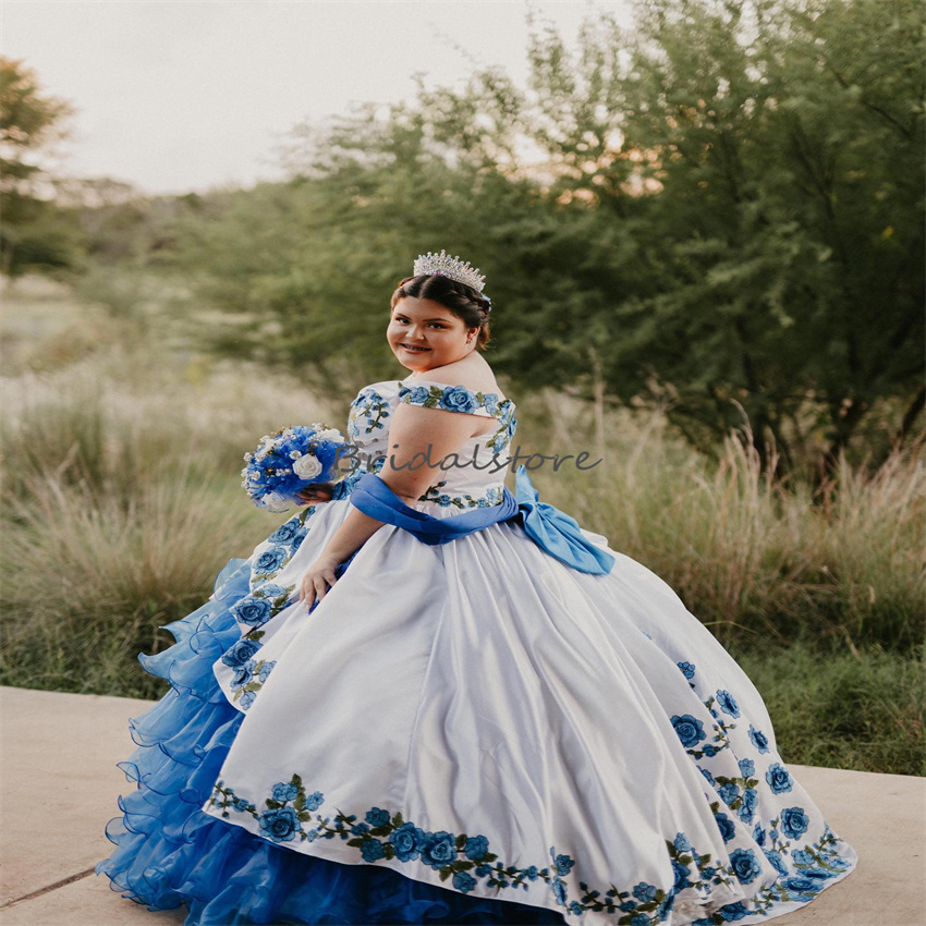 Mexican Blue Charro Quinceanera Dresses 2024 Plus Size Off Shoulders Puffy Prom Dress With Bow Lace Up Tiered Ruffles Flower Vestidos De Xv Sweet 16 B