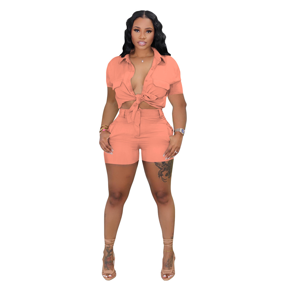 NEW Designer Tracksuits Summer Outfits Women Two Piece Sets Short Sleeve Pocket Shirt AND Shorts Casual Sweatsuits Solid Sportswear Bulk Wholesale Clo