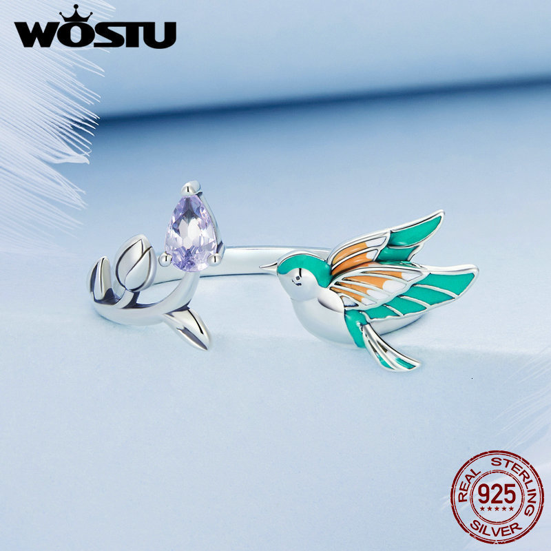 Solitaire Ring WOSTU 100% 925 Sterling Silver Kingfisher Open Ring For Women party Engagement flower bird style ring Fine Jewelry Gifts 230425