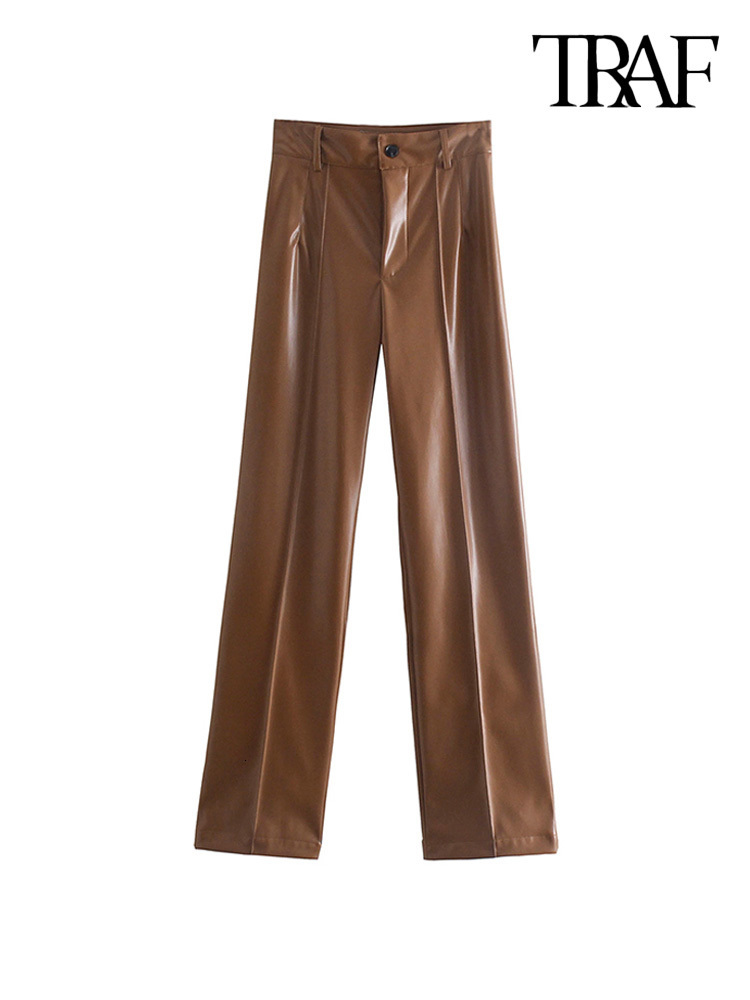 Women's Pants Capris TRAF Women Fashion Faux Leather Straight Pants Vintage High Waist Zipper Fly Female Trousers Mujer 230425