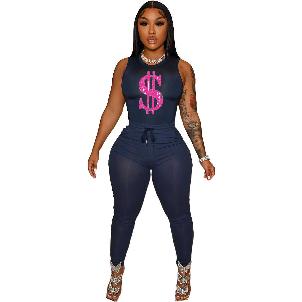 Designer 2023 summer Camisole Print pant suit womens solid color casual string pocket two-piece set