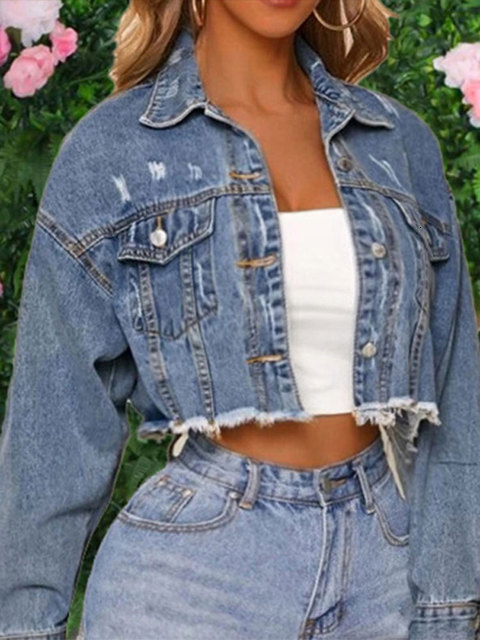 Women's Jackets Autumn Women's Denim Cropped Jacket Female Pockets Hole Short Jean Jackets Ladies Fashion Button Casual Solid Coats 230426