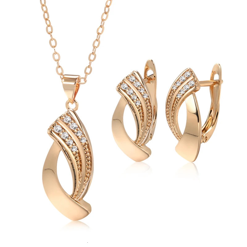 Beaded Necklaces Kinel Trend Glossy Dangle Earrings Necklace Sets 585 Rose Gold Simple Geometry Natural Zircon Women Daily Fine Jewelry 231124