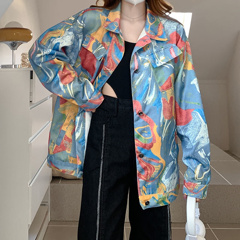 Women's Jackets Spring and Autumn Style Men and Women Couples Colorful Graffiti Workwear Jacket Top Harajuku Tie Dyed Denim Coat Women 230426