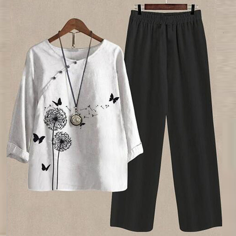 Women's Two Piece Pants Women Vintage Two Piece Set Summer Casual O Neck Flower Print Short Sleeve Shirt High Waist Loose Pants Suit Female Outfi