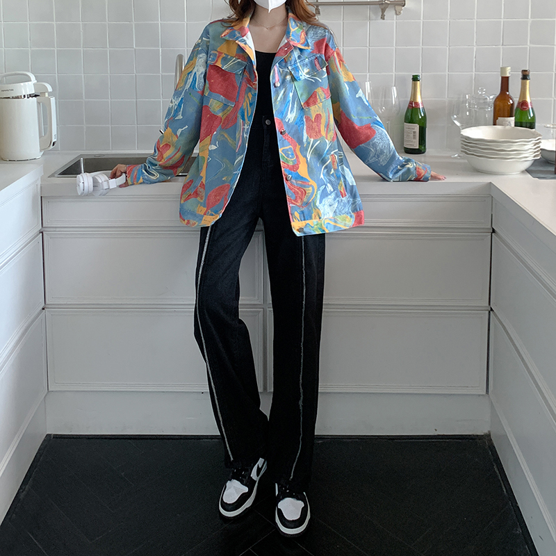 Women's Jackets Spring and Autumn Style Men and Women Couples Colorful Graffiti Workwear Jacket Top Harajuku Tie Dyed Denim Coat Women 230426