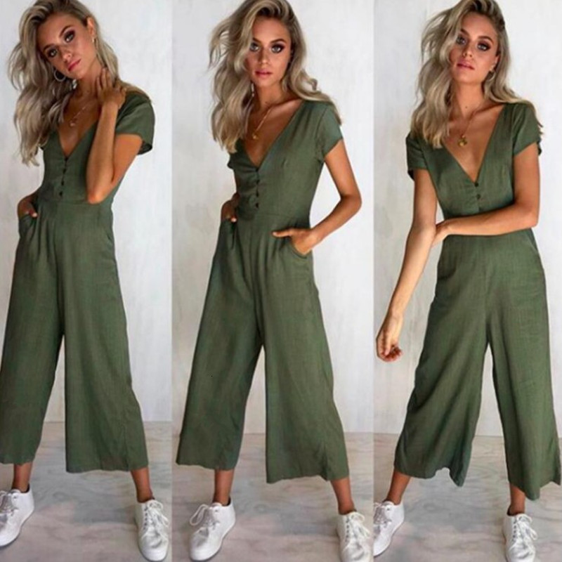 Women's Jumpsuits Rompers Summer Wear Short Sleeve V-neck Button Jumpsuit Pants White Khaki Green Black Jumpsuit Women Romper 230426