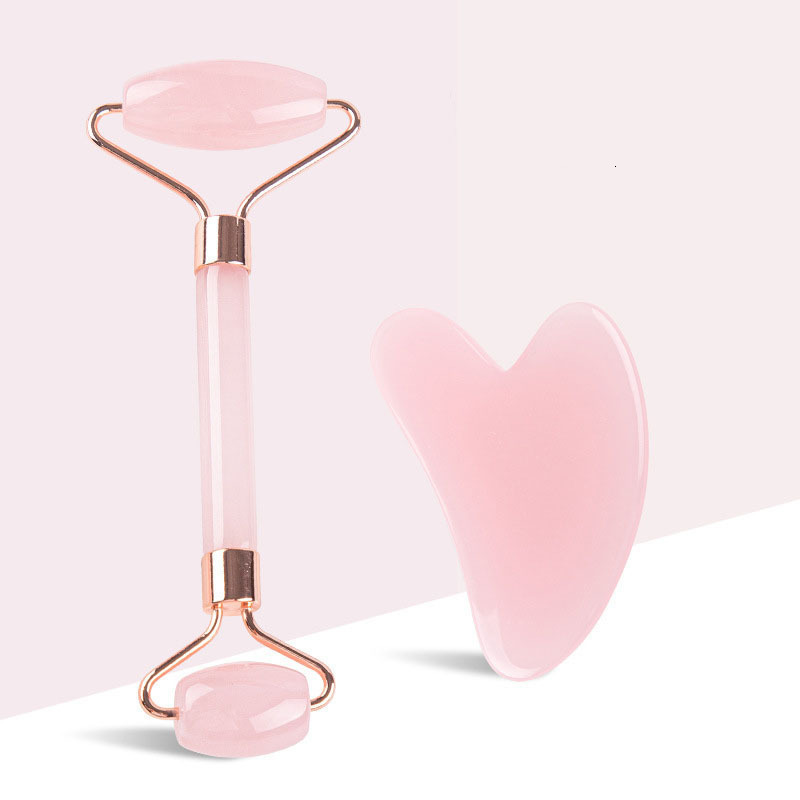 Face Massager Pink Crystal Jade Roller Scraping Plate Beauty Massage Set 230425