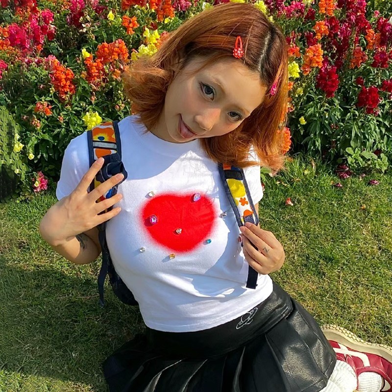 Women's T-Shirt Karrram Y2k Aesthetics Crop Top Grunge Diamond Short Sleeve T-shirt Slim E-girl 2000s Clothes Korean Fashion Streetwear Harajuku 