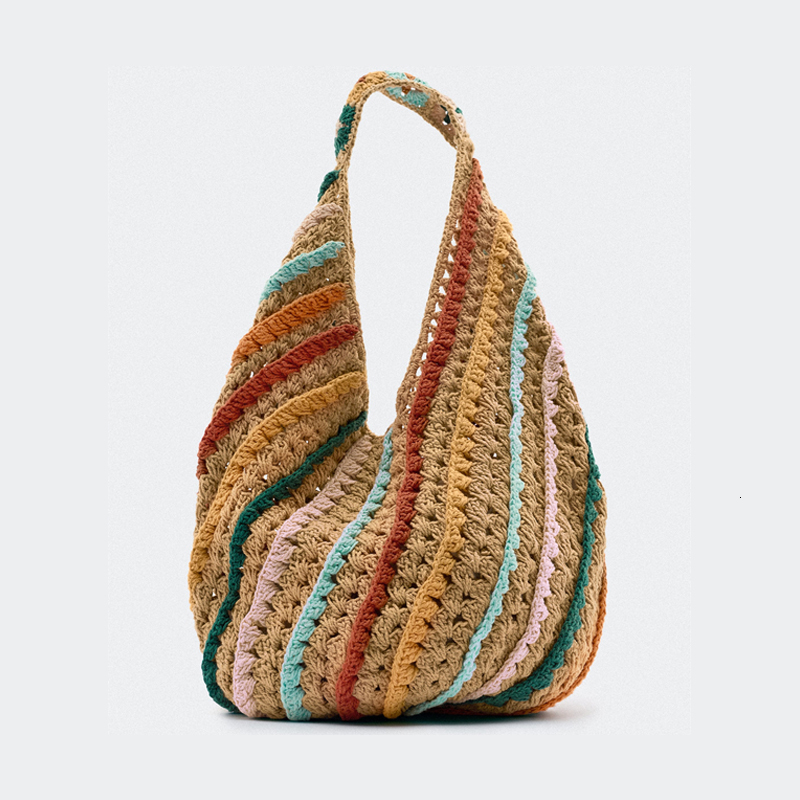 Shopping Bags Casual Colorful Striped Crochet Women Shoulder Bags Handmade Knitted Large Tote Bag Woolen Woven Lady Handbags Big Shopper Purse 230426