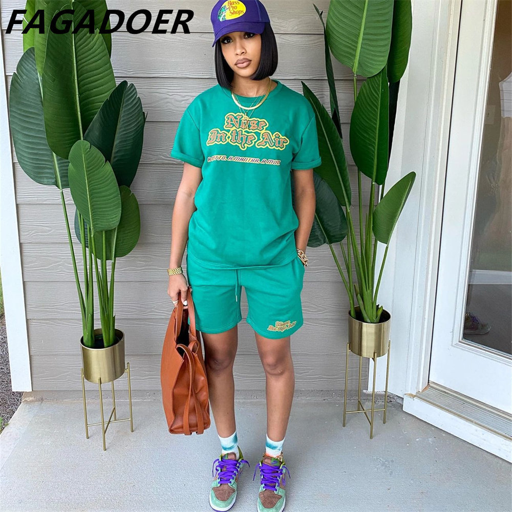 Women's Tracksuits FAGADOER Women Two Piece Sets Summer Letter Print Round Neck Tshirt And Shorts Tracksuits Casual Female Jogger Matching Outfit