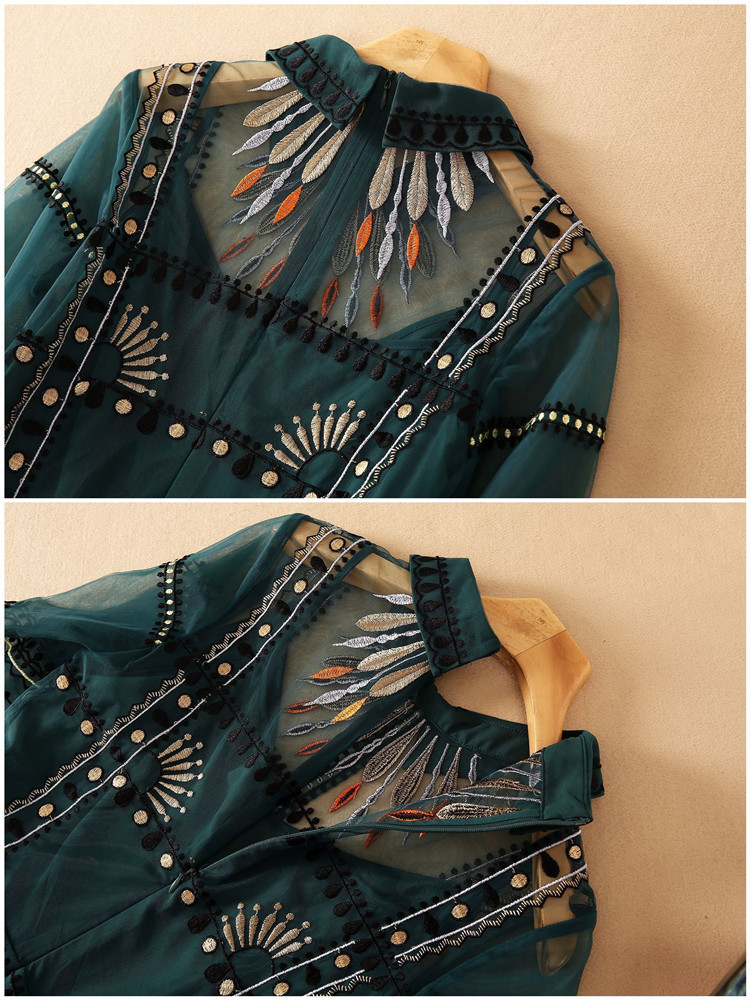 Casual Dresses Summer Runway Green Mesh Embroidery Dress Women's Short Sleeve Vintage Dot Embroidered Tulles Elegant Evening Party Long Vestido 2