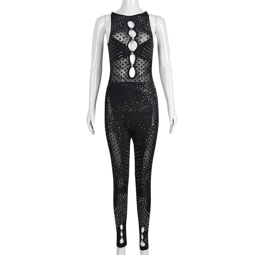 Womens Jumpsuits Rompers Sexy Sleeveless Seethrough Mesh Patchwork Jumpsuit Women 2023 Spring Summer Rhinestones Zipup Party Night Club Bodysuit Blac 