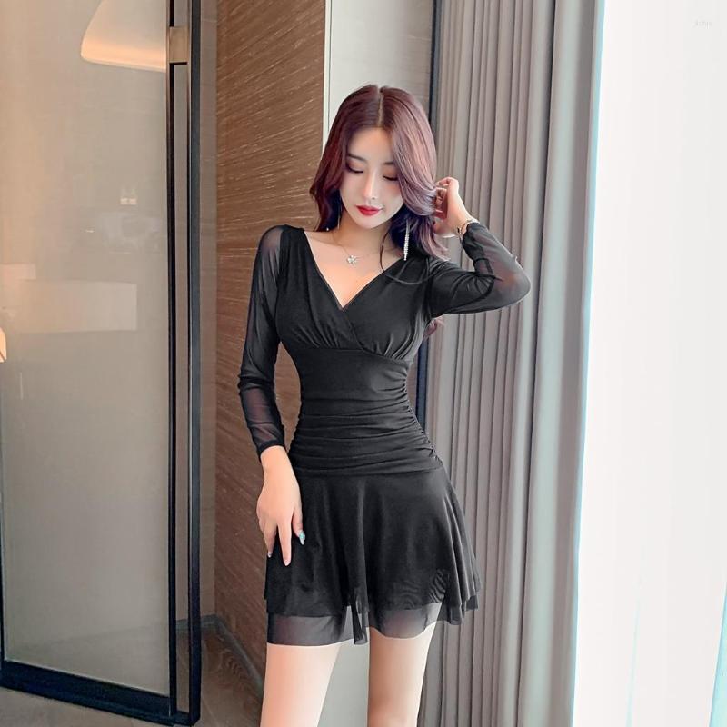 Casual Dresses Sexy Women Dress Spring Autumn Long Sleeve V-Neck Black White Club Party Mesh Ladies Fashion Short Mini
