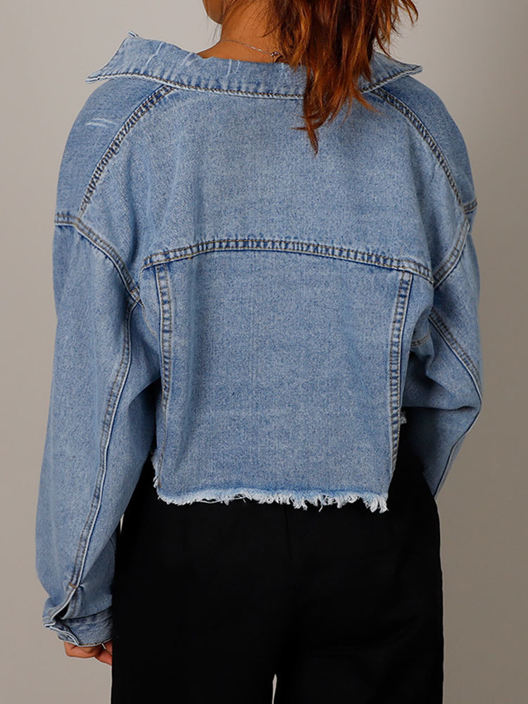 Women's Jackets Autumn Women's Denim Cropped Jacket Female Pockets Hole Short Jean Jackets Ladies Fashion Button Casual Solid Coats 230426