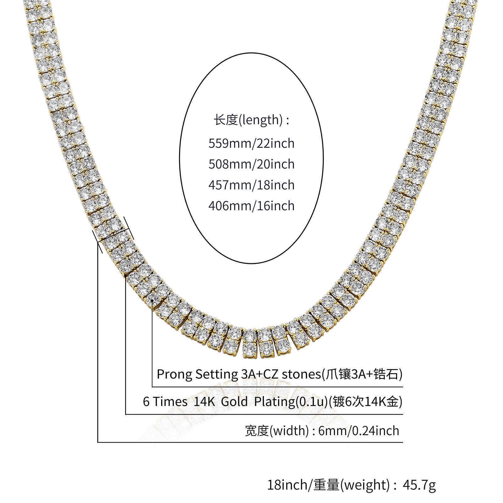 3mm 7-22 Inch Ins Double Row Zircon Tennis Necklace Hip Hop Punk Rock Clavicle White Gold Chain Link Men's And Women's Tennis Chains Choker 