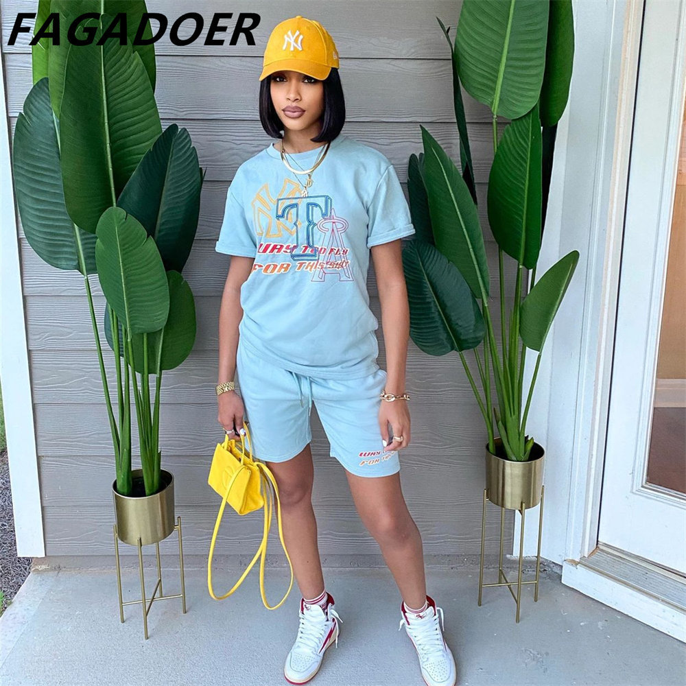Women's Tracksuits FAGADOER Women Two Piece Sets Summer Letter Print Round Neck Tshirt And Shorts Tracksuits Casual Female Jogger Matching Outfit