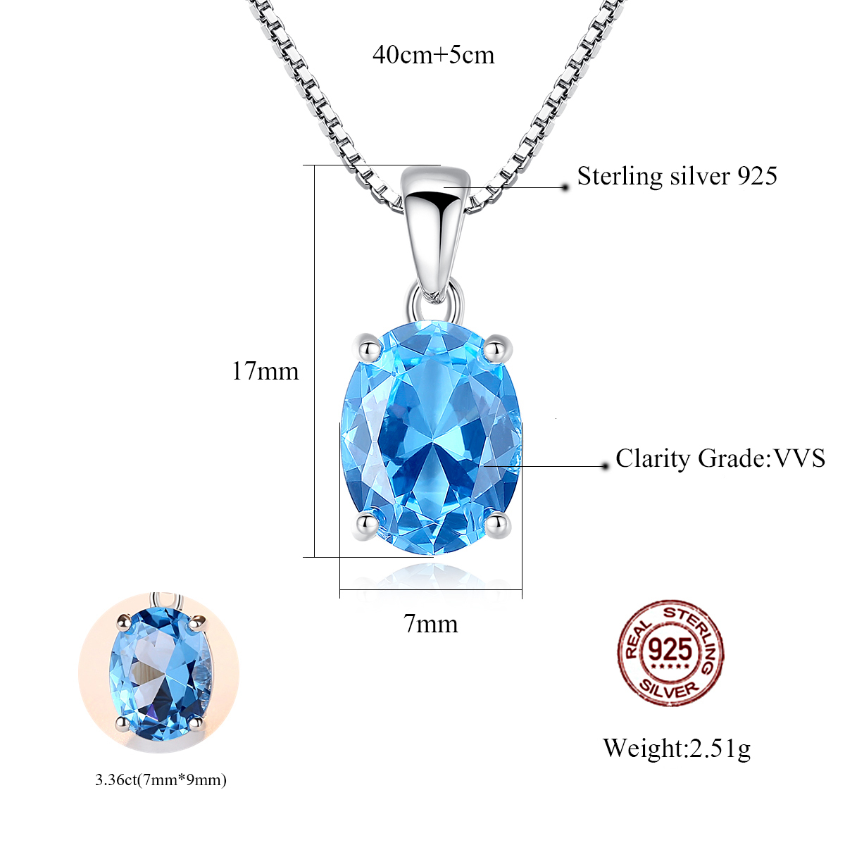 Pendant Necklaces CZCITY Synthetic Sky Blue Topaz 925 Sterling Silver Necklace For Women Classic Oval Stone Pendant Chian Wedding Fine Jewelry 230425