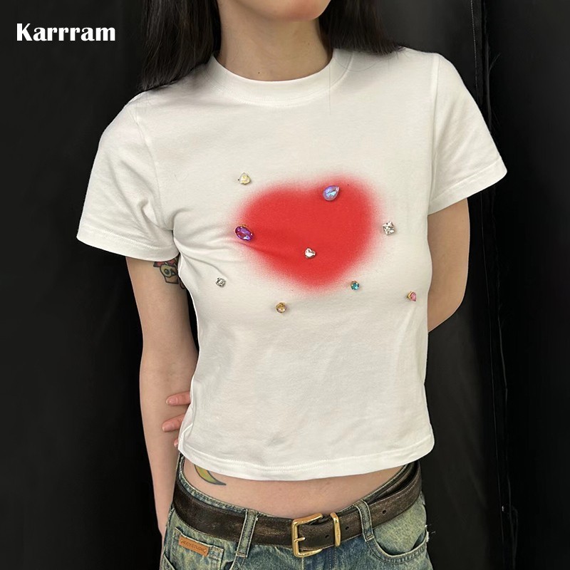 Women's T-Shirt Karrram Y2k Aesthetics Crop Top Grunge Diamond Short Sleeve T-shirt Slim E-girl 2000s Clothes Korean Fashion Streetwear Harajuku 
