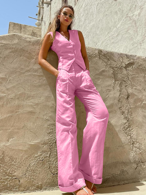 Women's Two Piece Pants OOTN Elegant Cotton Linen Shirts Sets Office Summer V Neck Single Breasted Vest High Waist Long Pants Two Piece Sets Wome
