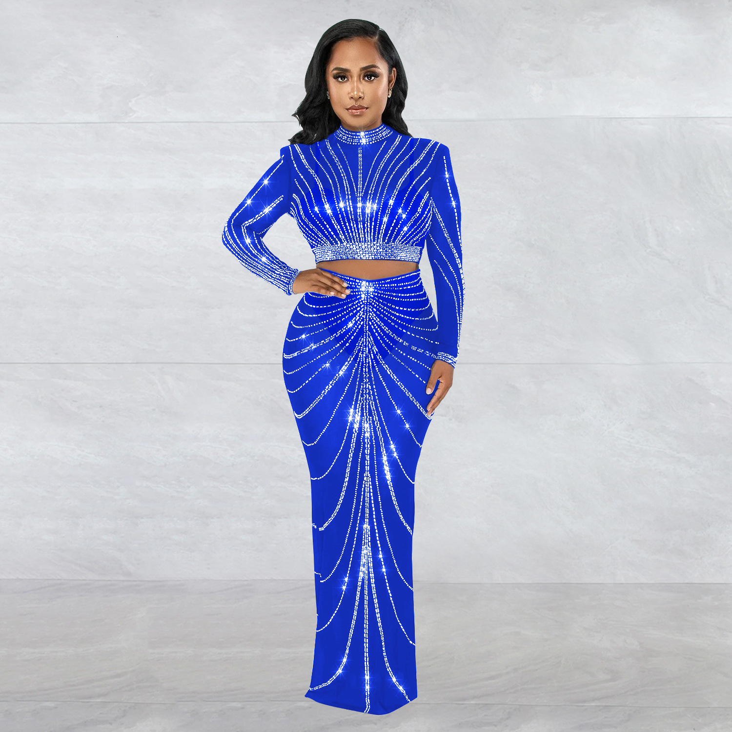 Two Piece Dress Mesh Sheer Diamond Maxi Dress Women Birthday Outfit Sparkly Elegant Long Sleeve Top Bodycon Skirt Party Evening Dress 230425