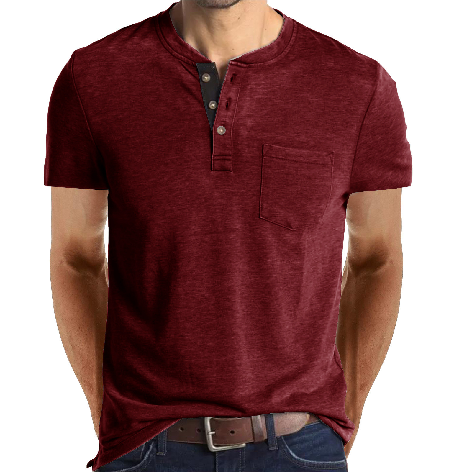Men's T-Shirts Summer Fashion America Style Men's Short Sleeve Henry T-shirt Solid Color Simple Casual Loose Pullover Tee With Pocket Daily 