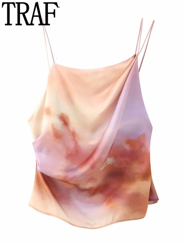 Camisoles Tanks TRAF Print Crop Top Women Asymmetric Satin Cami Top Female Backless Sexy Tops Woman Camisole Sleeveless Summer Tank Tops 230426