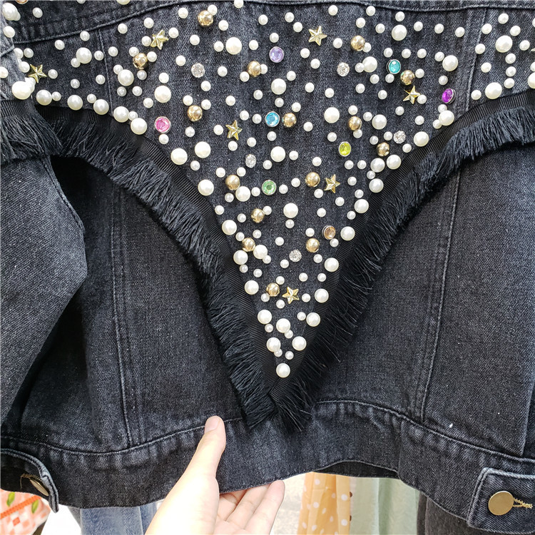 Women's Jackets Retro Heavy Industry Beaded Tassel Jean Jacket Female Spring Short Paragraph Denim Jacket Black Casual Jeans Jackets 230426