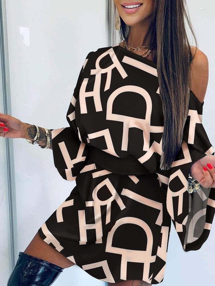 Casual Dresses Ladies Spring Autumn Off Shoulder Sexy Party A-Line Mini Dress 2023 Women Elegant Vintage Print Commute