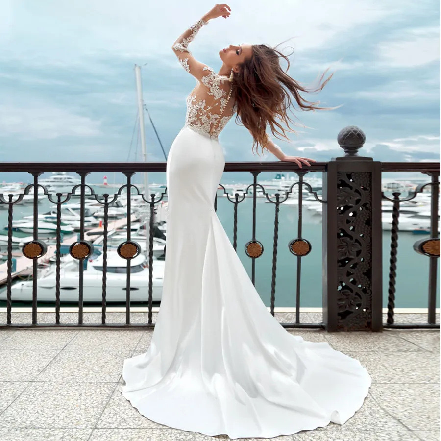 Sexy Lae Satin Mermaid Wedding Dresses Sweetheart Ruffle Train Tulle Lace Crystal Beading New Fashion Plus Size African Long Sleeves Turkish Beach Bri