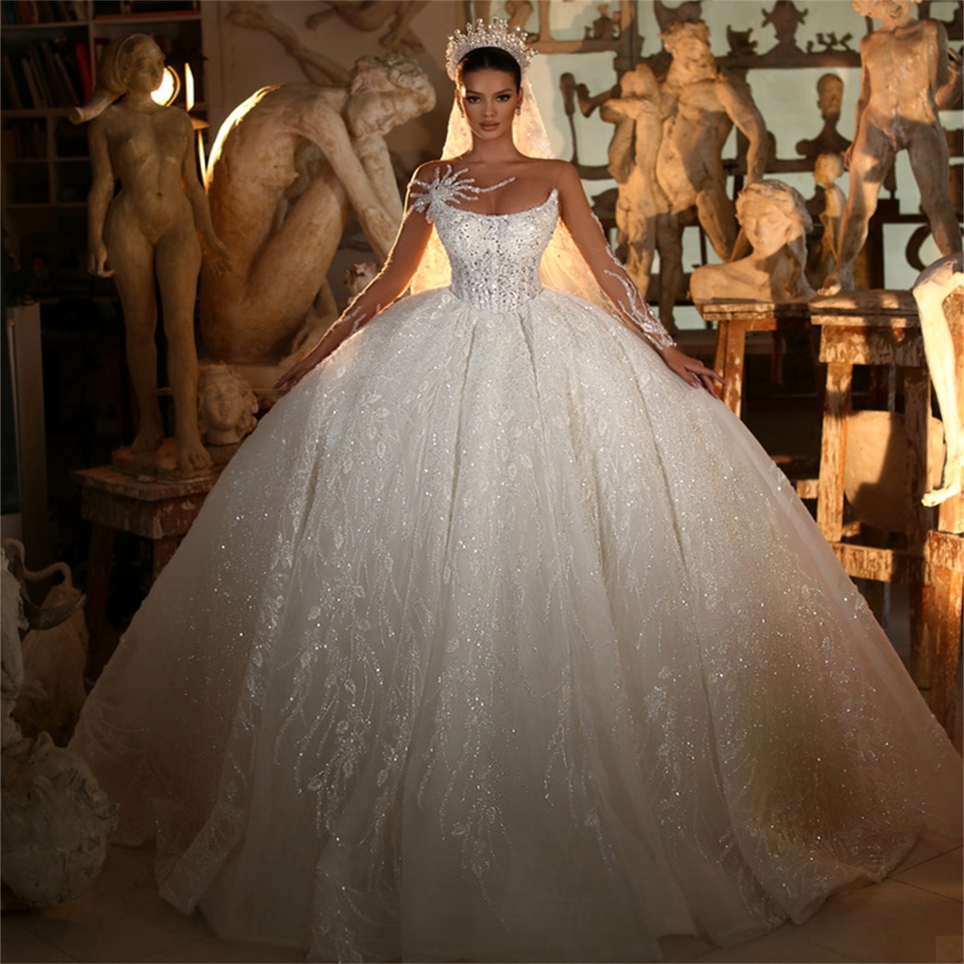 Princess Ivory Lace Wedding Dresses Ball Gown Illusion Long Sleeve wers Appliques Mariage Bridal Gowns Vestido de noiva