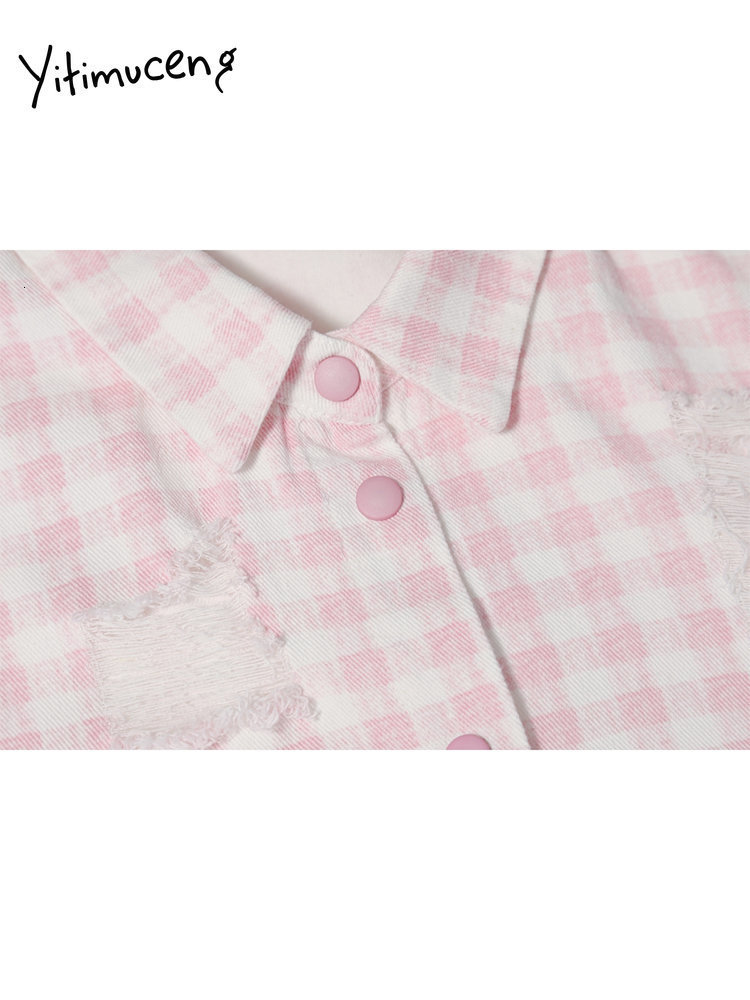 Women's Jackets Yitimuceng Plaid Jean Jacket for Women Fashion Streetwear Ripped Long Sleeve Denim Jacket Women Chic Detachable Coats 230426