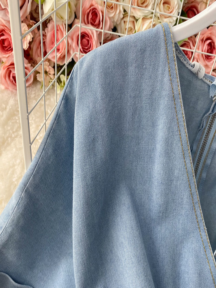 Women's Jumpsuits Rompers EWQ Sweet Style Women Jumpsuits Denim V-neck Short Sleeve Solid Color High Waist Casual Jumpsuit Spring Summer SN0540 2