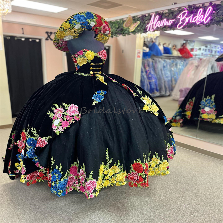 Vintage Mexican Black Quinceanera Dresses 2023 Colorful Flowers Puffy Gothic Prom Dress Corset Vestidos 15 Xv Anos Birthdy Party Sweet 16 Pageant Cere