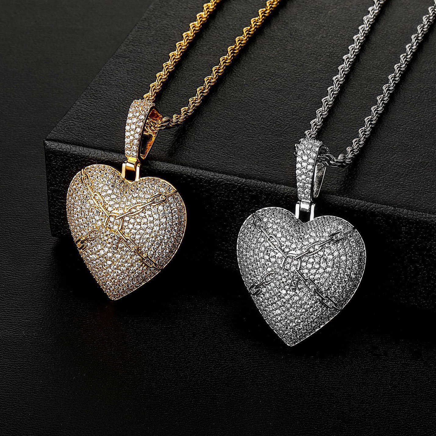Hip Hop Zirconium Full Lock Love Heart Pendant Necklace Link Chain For Men And Women Rap Fashion Accessories 14k Real Gold Wolf TideJewelry Gemstone B
