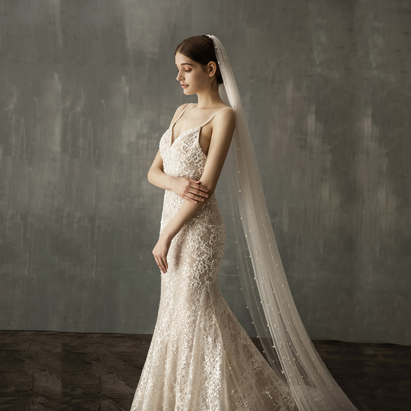 Bridal Veils Real Photos Long Pearls Wedding Veil White Ivory Beige Cathedral 1 Layer 2.3 Meters Bride Accessories
