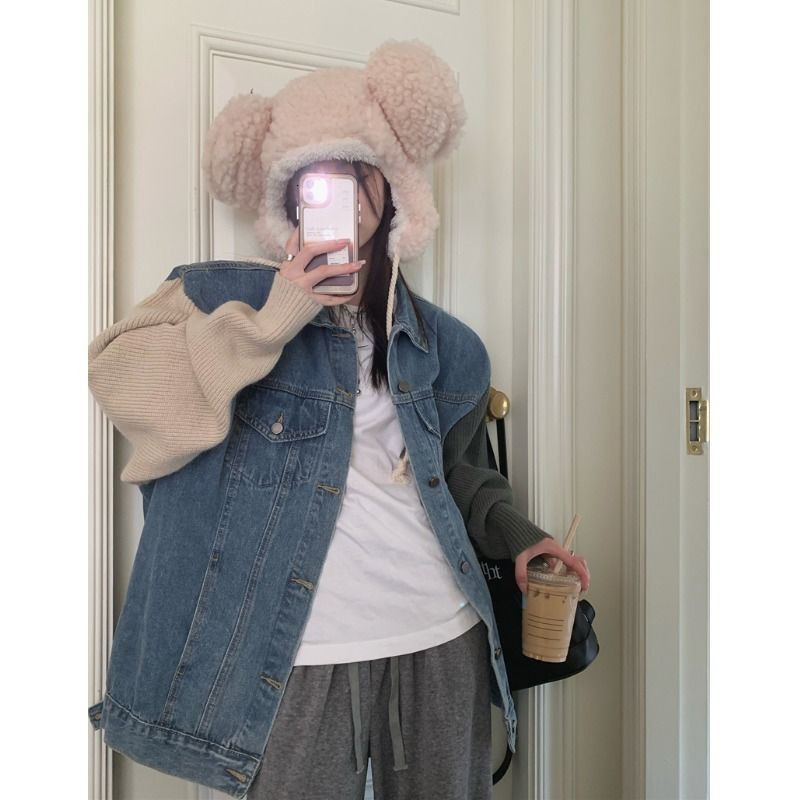 Women's Jackets Deeptown Y2k Streetwear Denim Jackets Women Harajuku Korean Oversize Patchwork Knitted Coat Hip Hop Vintage Casual Outfits 230426