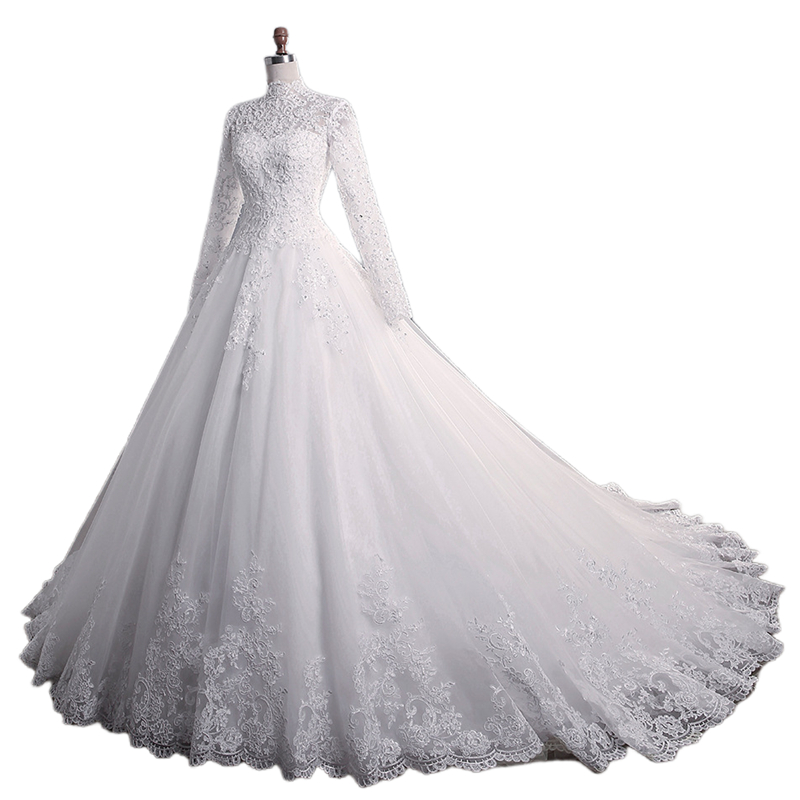 2024 Modest Muslim Wedding Dress Long Sleeves Elegant High Neck With Train Princess Bride Dresses Luxury Lace Embroidery Wedding Gown Vestido De Noiva