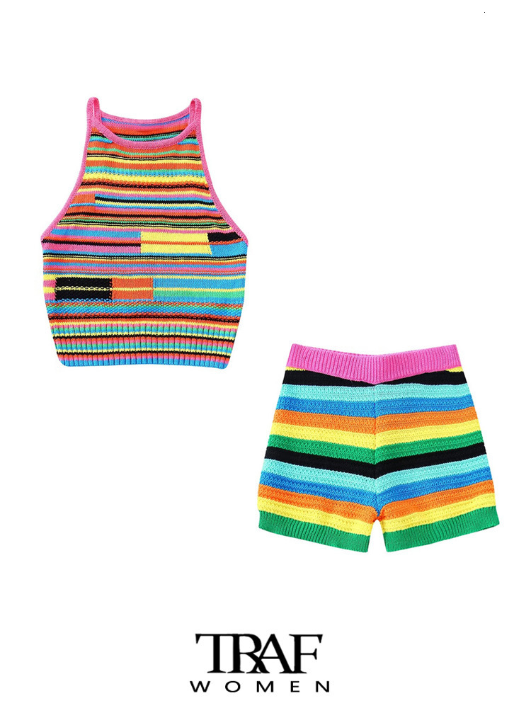 Women's Tracksuits TRAF Women Fashion Striped Knit Tank Tops And High Elastic Waist Shorts Female Two Piece Sets Mujer 230425