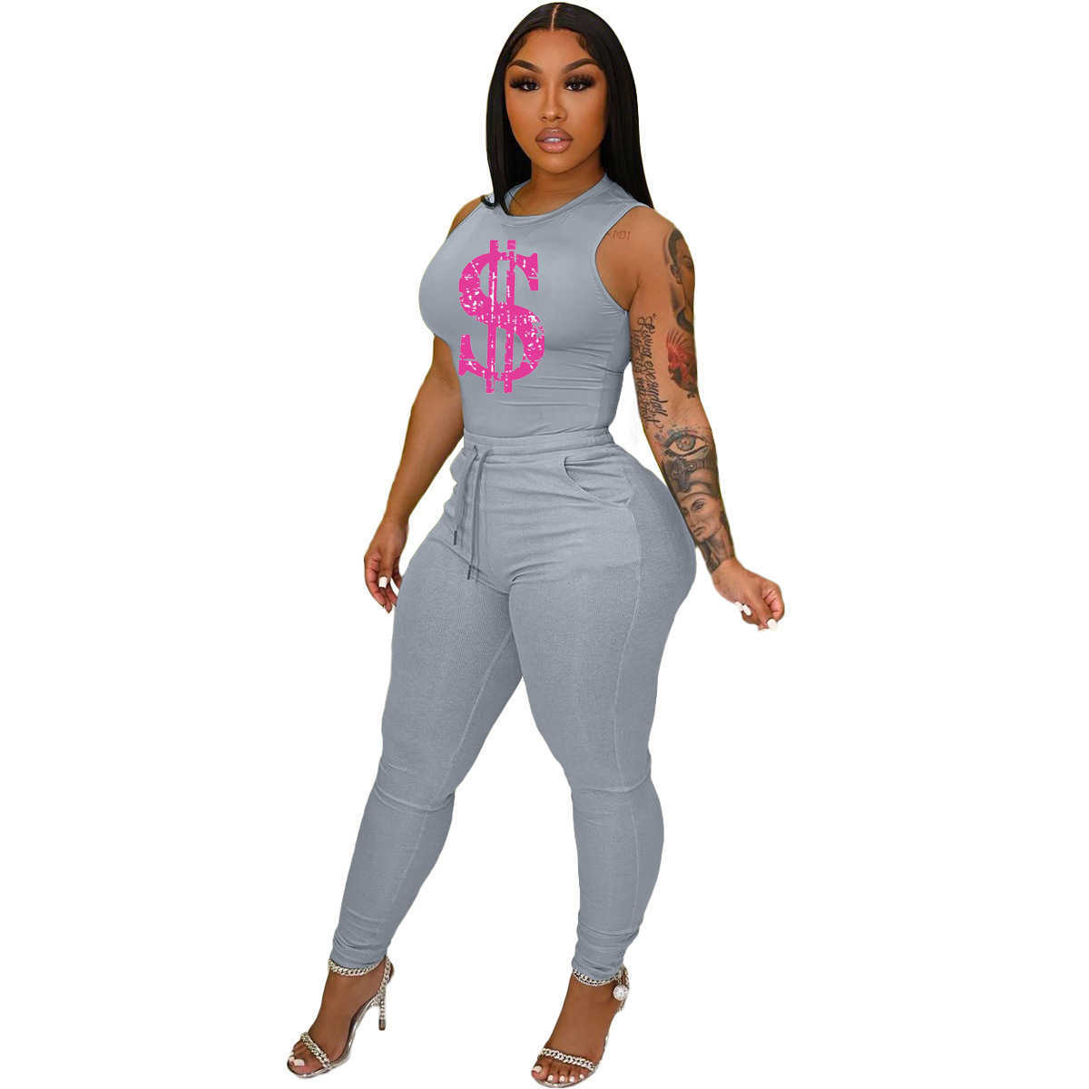 Designer 2023 summer Camisole Print pant suit womens solid color casual string pocket two-piece set