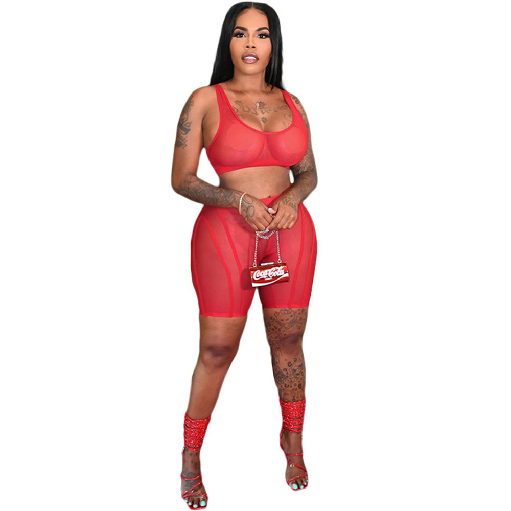 2023 Designer Summer Tracksuits Sheer Mesh Two Piece Sets Women Outfits Summer Sexy See Through Vest Crop Top and Shorts Night Club Wear Wholesale Clo